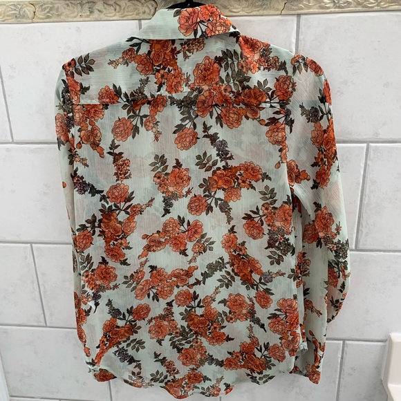 A New Day Orange Cream Floral Sheer Button Down Blouse - Picture 2 of 4